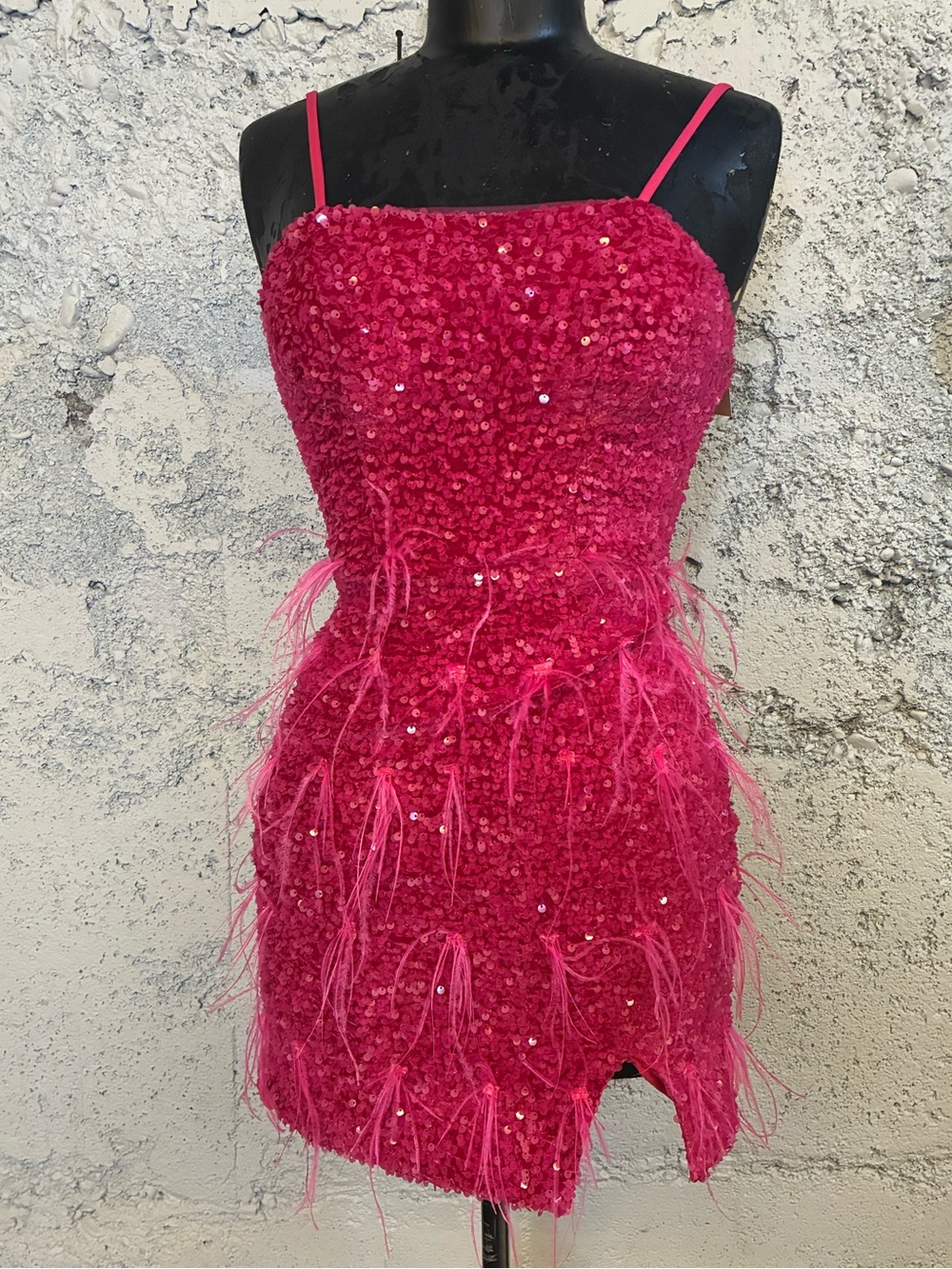 Hot Pink Sequin & Feather Mini Dress